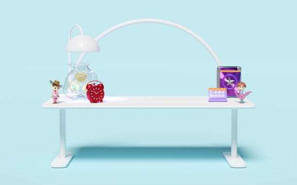 3d办公桌在办公室与玩具，书，日历，闹钟，钱袋隔离在蓝色背景。表抽象背景。3d渲染图图片下载