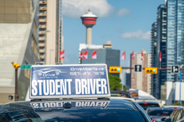卡尔加里市中心的学生司机汽车标志，背景是卡尔加里塔。图片下载