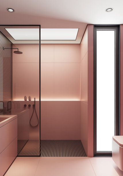 现代简约斯堪的纳维亚浴室，红色哑光饰面和大瓷砖图片下载