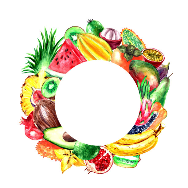 手绘水彩水果圆花环插图。菠萝，猕猴桃，鳄梨，西瓜，香蕉，kiwano，芒果图片下载