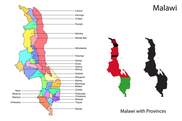 马拉维行政区划。马拉维国旗和地图插图矢量。马拉维各区图片下载