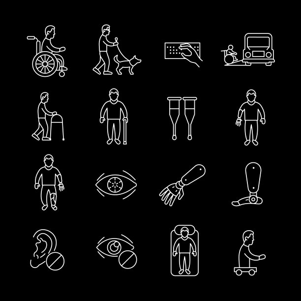 残疾，白线图标。残疾人的帮助和支持标志。对保健和社会意识主题至关重要。黑色背景上的符号。可编辑的中风。图片下载