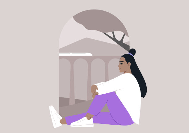 一个年轻人坐在窗边，凝视着窗外飞驰而过的火车和远处的城市风景，阳光穿过拱门，照亮了他们沉思的表情图片下载