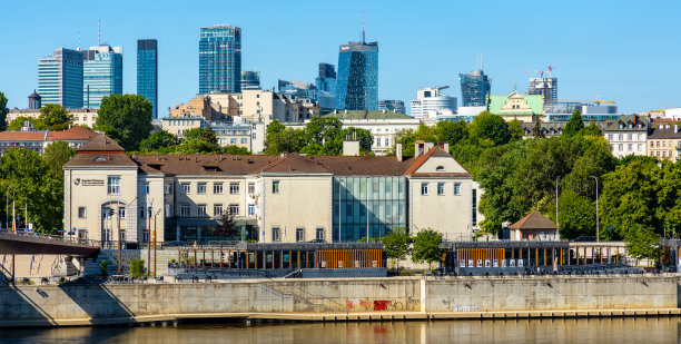 卡洛瓦医院位于维斯瓦河，波兰华沙市中心的摩天大楼林立图片下载