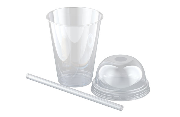 带管的透明塑料杯。带有圆顶盖的透明塑料杯。3D渲染图片下载