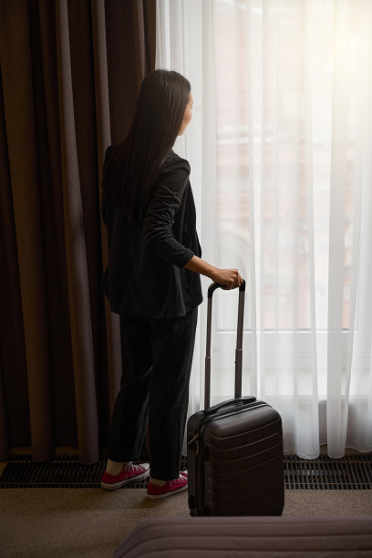 后景:深色头发的女人提着箱子站在窗边，继续往前走图片下载