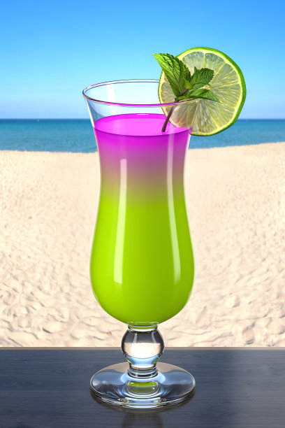 沙滩酒吧的木桌上，飓风杯和鸡尾酒。风景如画的沙滩和大海的背景。3 d渲染。图片下载