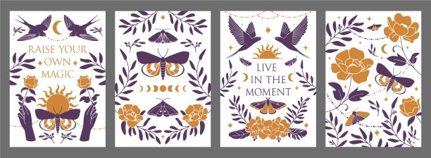 那种波西米亚风格的海报。燕子鸟，神奇的波西米亚氛围，蝴蝶和鲜花，神秘的装饰为灵感，动机海报。自然花园印花。手捧玫瑰。矢量图图片下载