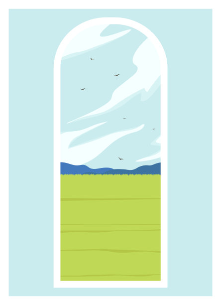 乡村乡村景观与绿色麦田。天际线与云平面卡通风格图片下载