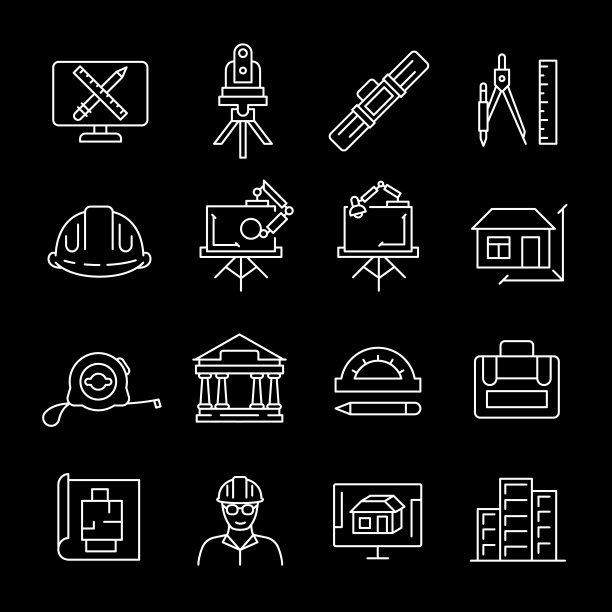建筑师，白线图标。房屋建筑和建筑设计符号。必不可少的建筑和工程主题。黑色背景上的符号。可编辑的中风。图片下载