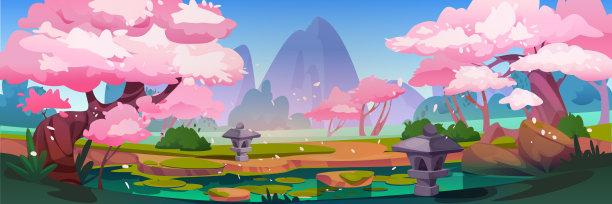 春天有池塘和花园的日本森林图片下载