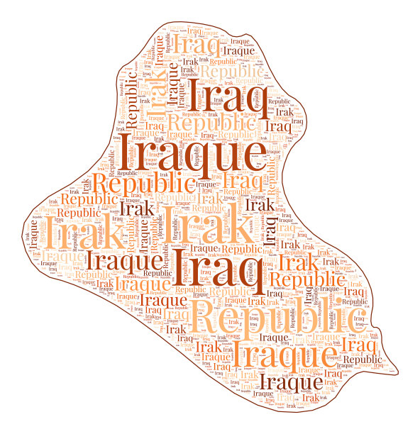 伊拉克形状填满了多国语言的国名。伊拉克地图在文字云风格。创意矢量插图。图片下载