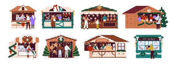 装饰圣诞摆摊。圣诞集市上的小木屋里有食物，饮料，咖啡。游乐场射击场。年货商店。寒假。平面隔离矢量插图上的白色图片下载