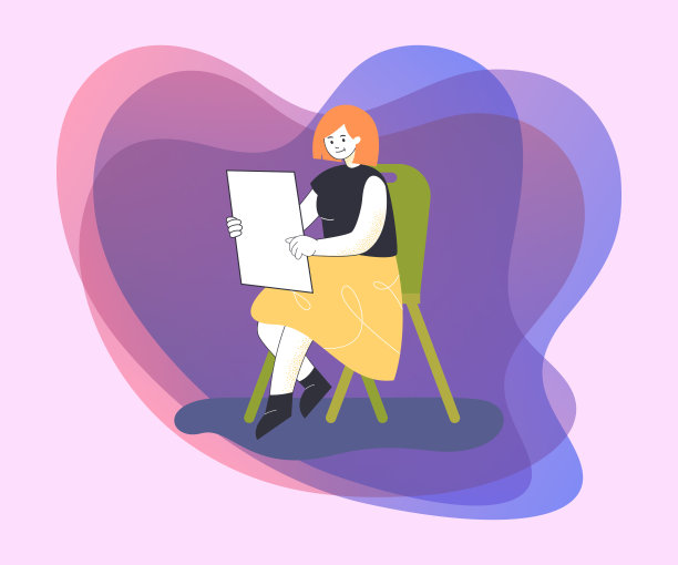 女孩坐在椅子上，欣赏图片平面矢量插图图片下载