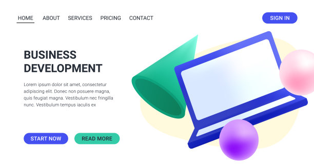 网站模板的业务，在线课程和教育。3D笔记本电脑，几何形状。技术图片下载