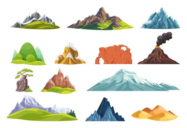 卡通落基山脉。白雪皑皑的山顶，山体浮雕棕色丘陵峡谷浮雕户外岩崖峰自然元素绿林山石，巧妙的说明图片下载