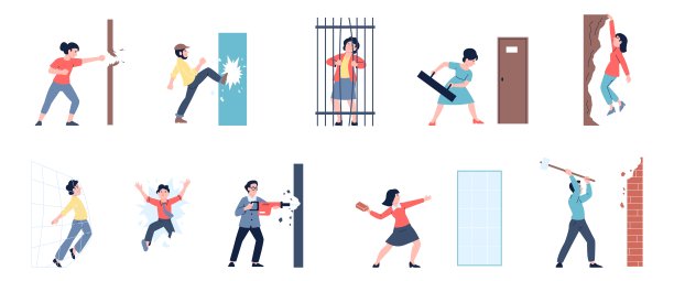 人们破坏墙壁。企业人物破除禁令、障碍，朝着目标前进。成就目标，摧毁成见，最近的向量集图片下载