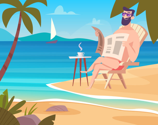 一个人坐在海上。在海边的卡通风景中放松时光图片下载