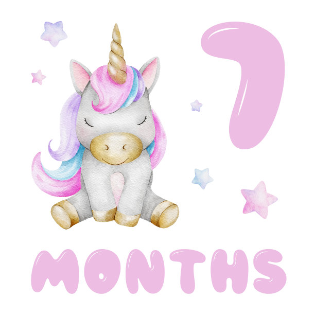 可爱的独角兽和星星的婴儿里程碑卡。宝宝七个月了。七个月大的女婴。每月号码卡。新生儿月明信片。儿童照片卡。图片下载