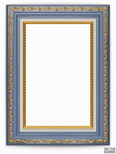 现实的蓝色木制复古框架上的白色背景。矩形框架模型。经典照片木框架。深蓝色边框的绘画，海报，和照片画廊。图片下载
