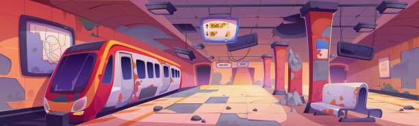 废弃的地铁站和破损的火车图片下载