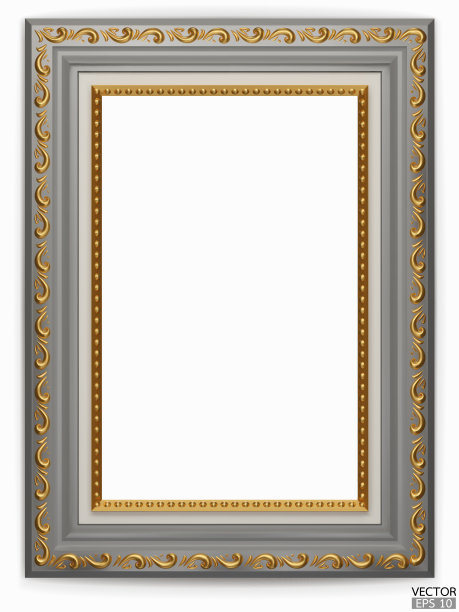 现实的灰色木制复古框架在白色的背景。矩形框架模型。经典照片木框架。灰色边框的绘画，海报，和照片画廊。三维矢量插图。图片下载
