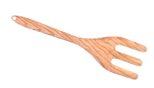 高品质木制烹饪叉。天然环保厨具。非常适合混合、搅拌和上桌。耐用，易于清洁。水彩插图孤立的白色背景。图片下载