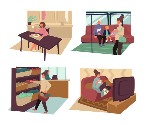 日常生活和妇女日隔离图标，购物和上班图片下载