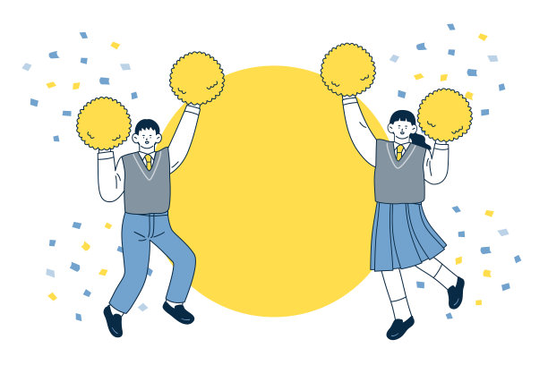 剪贴画背景的女学生和男孩在制服跳跃和欢呼与绒球。图片下载