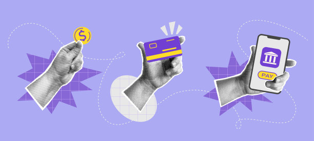 拼贴与半色调的手，钱，信用卡，电话和形状图片下载