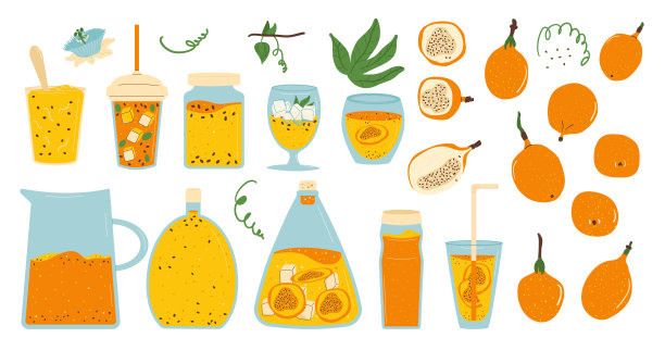 甜格兰纳达系列产品。热带水果，果汁，冰沙和果酱剪贴画。自制西番莲食物收集。矢量插图隔离在白色背景上。图片下载