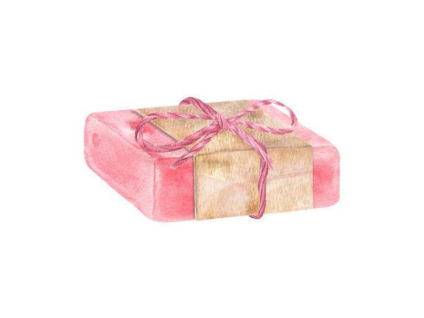 粉红色的香皂，用米色纸包着，用黄麻绳系着。卫生有机化妆品。天然沐浴皂。麻绳系在蝴蝶结上。水彩插图孤立在白色。图片下载