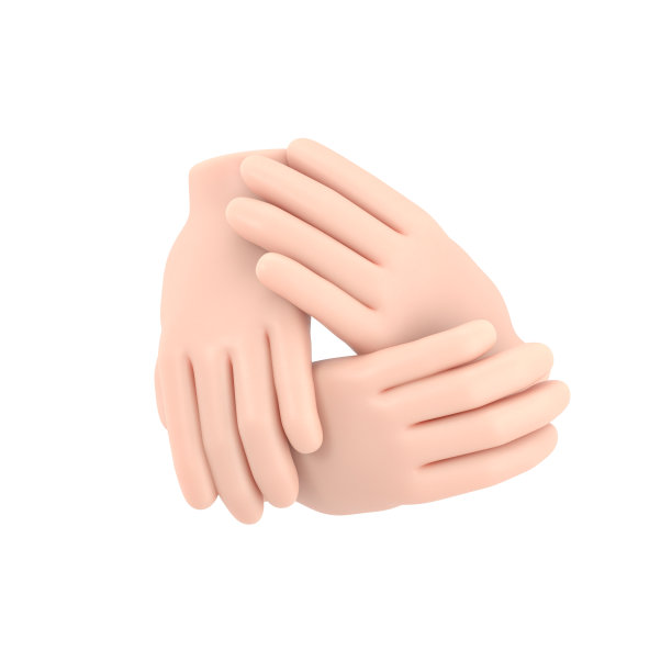 卡通手势图标模型。三人携手共进，合作经营，教育团队合作的理念。白色背景的3D渲染。图片下载