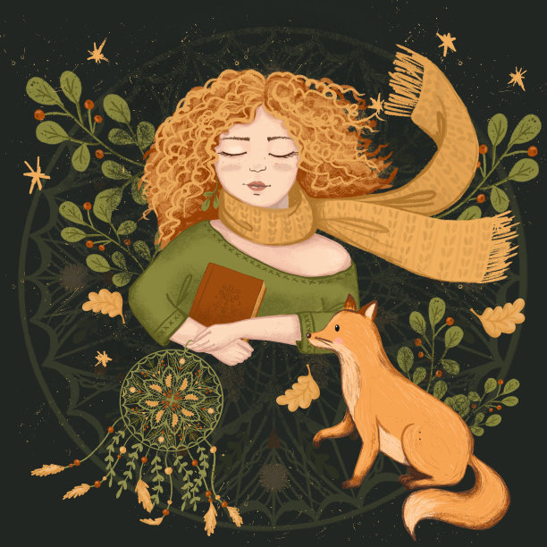 秋姑娘一头红卷发，围着围巾，手里拿着一本书，一只狐狸，一个捕梦网，手绘出神奇的秋插画图片下载