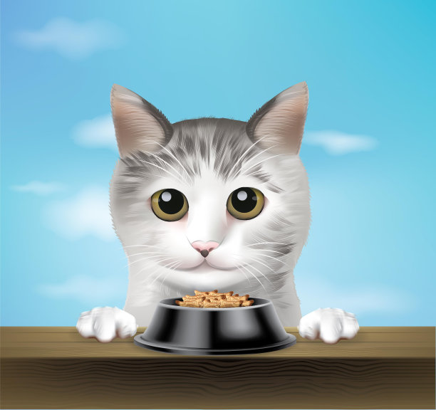 一只灰色的猫，前面放着一只碗图片下载