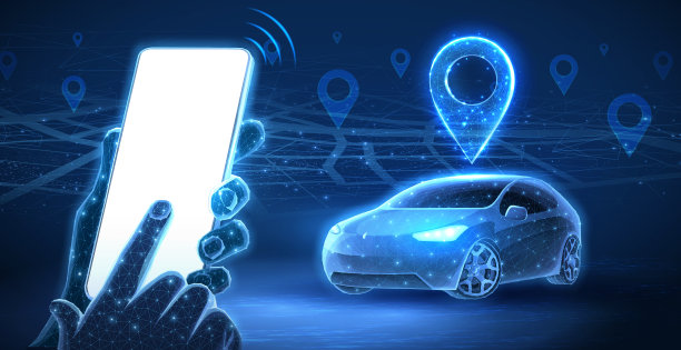 手中的智能汽车和手机，屏幕空白。停车应用，汽车共享图片下载