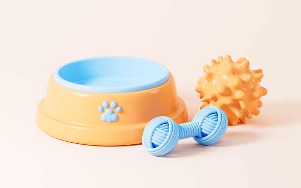卡通宠物碗和宠物玩具在黄色背景下，3d渲染。图片下载