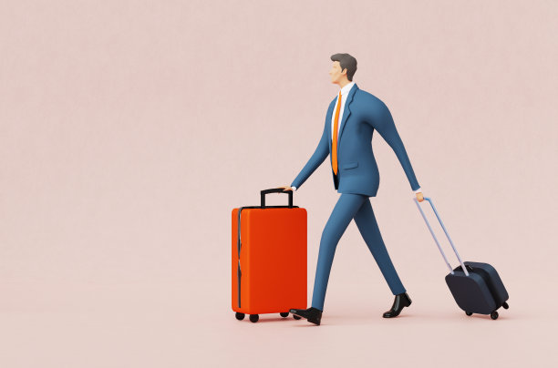 西装革履的商人提着旅行袋走在纯色背景中。三维渲染图片下载