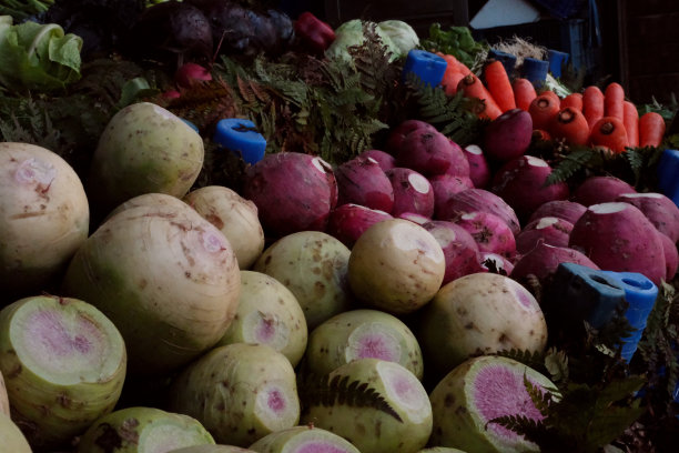 杂货店摊位上的新鲜胡萝卜、萝卜和洋葱图片下载