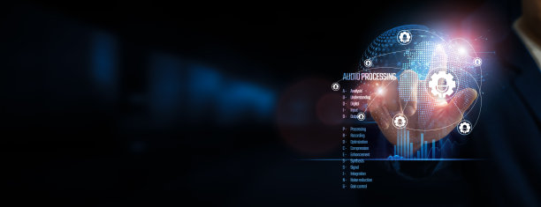 手触全球网络连接并通过音频信号处理数据，技术塑造听觉结构。黑暗背景下的网络创新。图片下载