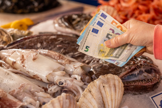 海鲜在商店的价格。一个女人手里拿着钱，背景是一个放着鱼、鱿鱼和虾的摊位图片下载