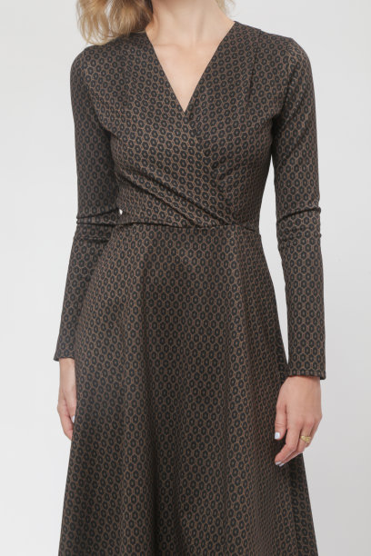 系列工作室照片的女模特在图案棕色中长裙，秋冬时装系列。图片下载