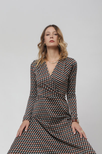 系列工作室照片的女模特在图案棕色中长裙，秋冬时装系列。图片下载