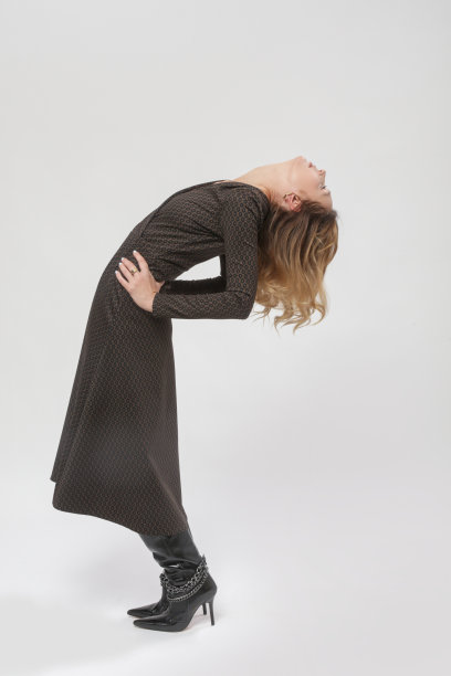 系列工作室照片的女模特在图案棕色中长裙，秋冬时装系列。图片下载