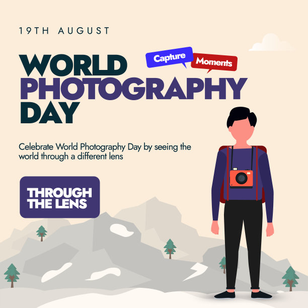 世界摄影日庆祝社交媒体横幅，帖子，卡片，背景。8月19日摄影日的横幅上有摄影师，挂着相机，背景是山景。2024年的主题是一整天。矢量图图片下载