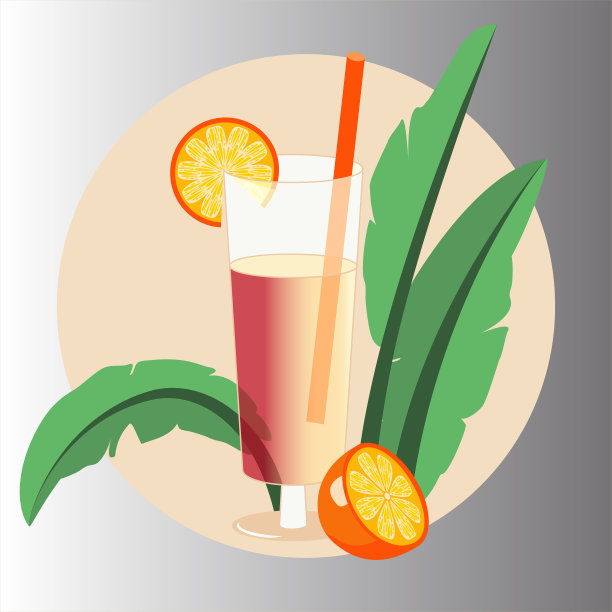 矢量-热带鸡尾酒柠檬水果和香蕉叶。图片下载