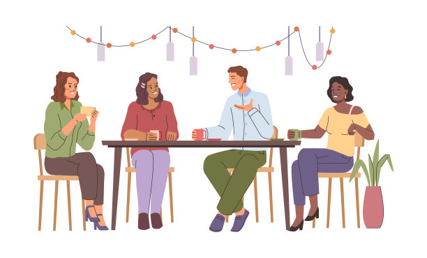 朋友们在晚宴上玩得很开心，喝着咖啡或茶聊天。矢量孤立的人坐在桌子旁，庆祝活动或特殊场合的灯泡灯装饰。同学们的会议图片下载