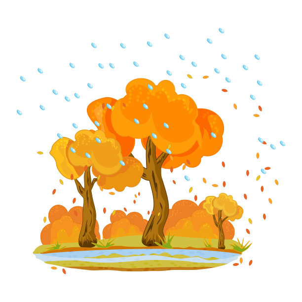 秋天的树木、灌木和雨水孤立在白色的背景上。黄叶和红叶落在顺风处。图片下载