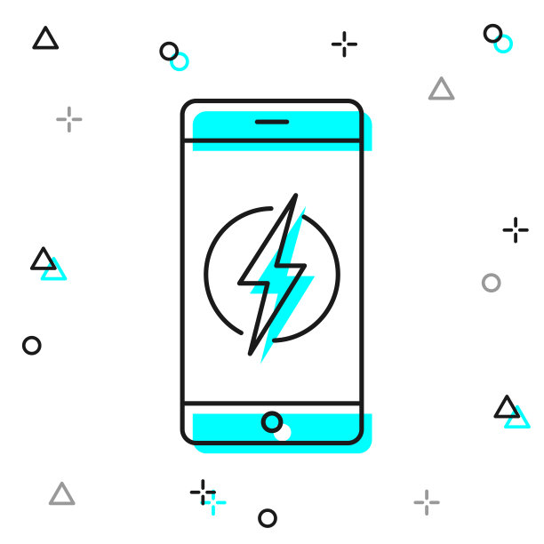 带有电符号的智能手机。白色背景上的线图标图片下载