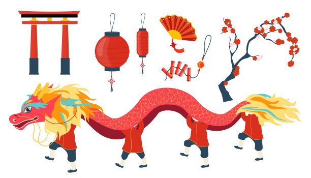 一套卡通风格的汉字。矢量插图传统:大门，红灯笼，扇子，鞭炮，樱花，人们在中国新年龙装孤立在白色背景。图片下载